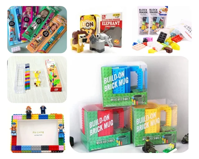 New lego 6 in 1 combo 1 lego wrist band 1 lego sharpener 1 lego pencil 1 lego eraser pouch 1 lego frame (without figures) 1 lego mug