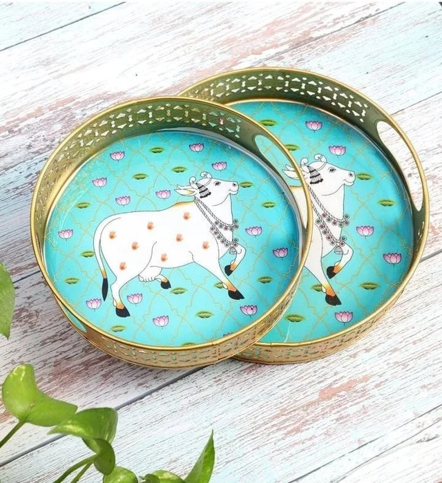 New round pichwai tray set of 2 10 inches and 8 inches