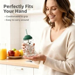 Cute Bear Glass Cup with Straw & Lid | Teddy Bear Shape Glass Mug 600 ml Big Size | Glass Tumbler with Metal Lid & Silicone Cap | Clear Starbuck Coffee Mug | Transparent Drinking Glasses - 1