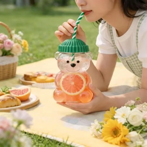 Cute Bear Glass Cup with Straw & Lid | Teddy Bear Shape Glass Mug 600 ml Big Size | Glass Tumbler with Metal Lid & Silicone Cap | Clear Starbuck Coffee Mug | Transparent Drinking Glasses - 1