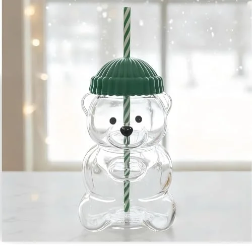 Cute Bear Glass Cup with Straw & Lid | Teddy Bear Shape Glass Mug 600 ml Big Size | Glass Tumbler with Metal Lid & Silicone Cap | Clear Starbuck Coffee Mug | Transparent Drinking Glasses - 1
