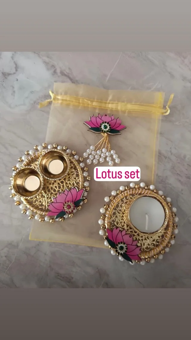 New lotus set with roli chawal and tealight platter in potli packing set Moq 6 sets