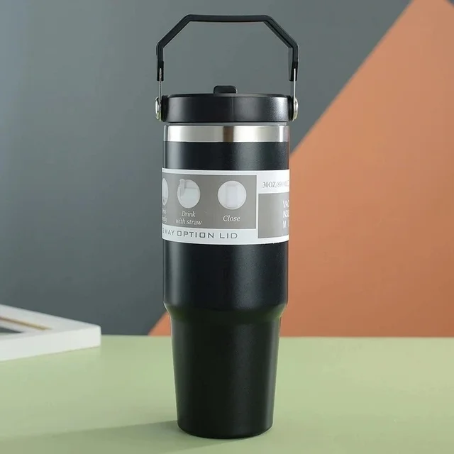 Oasis 900ml Stainless Steel Travel Tumbler | Vacuum Insulated Hot & Cold Cup with Handle, Straw & 3-Way Drinking Lid - Black