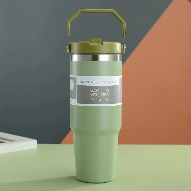 Oasis 900ml Stainless Steel Travel Tumbler | Vacuum Insulated Hot & Cold Cup with Handle, Straw & 3-Way Drinking Lid - Yellow Green