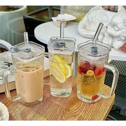 Single Clour Handle Glass Tumbler with Lid - 380ml- Glass Sipper with Straw for Coffee Green Tea Fruit Juice Mojito Milk Cup Mug with Straw and Lid