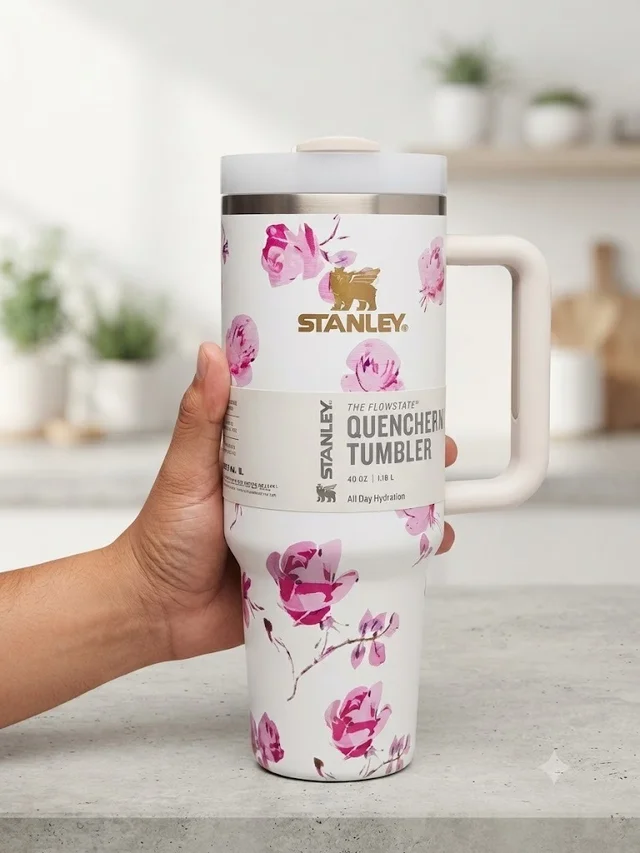 Homeoculture 1200ml Floral Printed Steel Tumbler, Insulated Water Bottle with Straw & Handle, Large Capacity Travel Cup for Office, Gym, Car & Daily Use ā 4 Colors - White