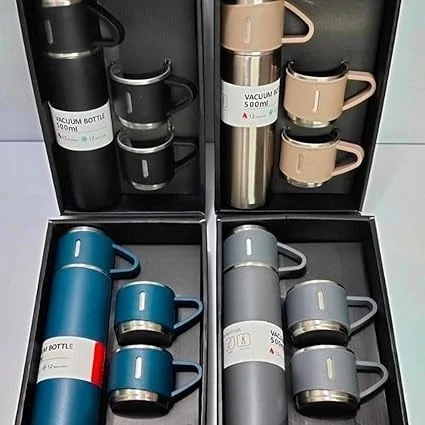 Vaccum Flask Set Stainless Steel Thermo Flask Gift Set - 500ml Vacuum Insulated Bottle with Two Cups - Hot & Cold Drinks - Multi Colors Real pic shared