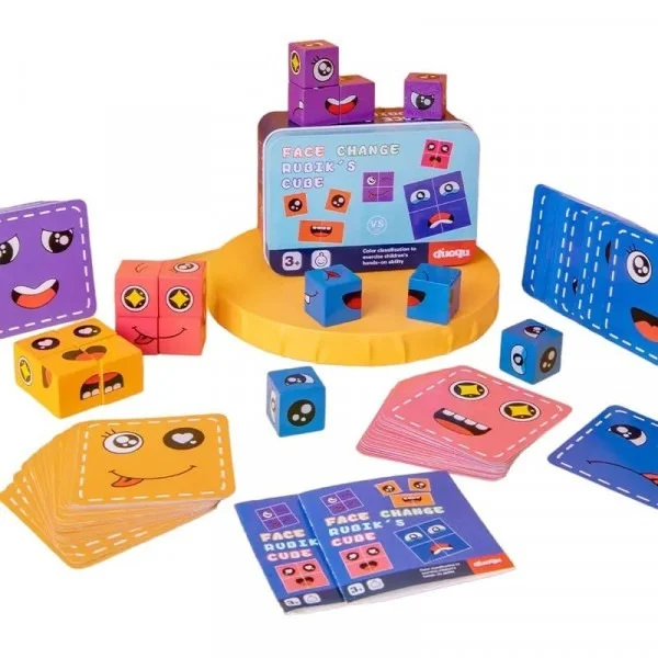 FACE CHANGING PUZZLE GAME The set comes with 16 different wooden emoji cubes and multiple expression cards.