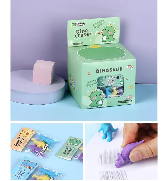 Cute mini dino erasers 3 pcs in each pack buy set of 12 packs