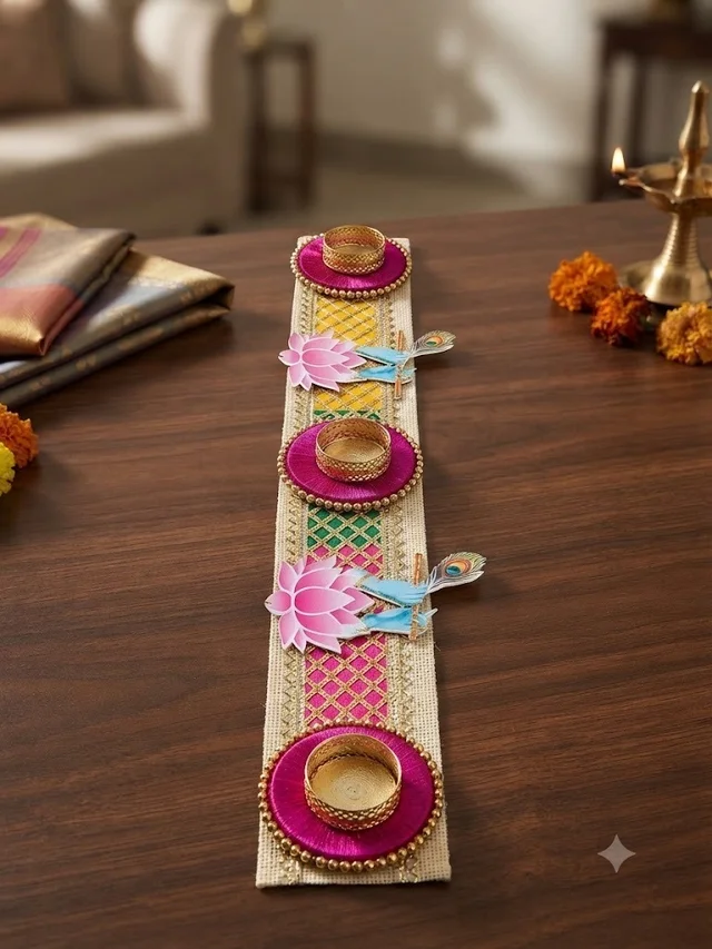 Bansuri theme table runner cum tealight holder