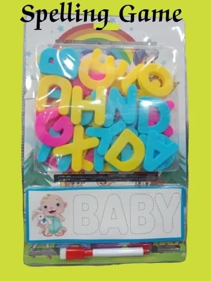 New spelling game for kids with cards, plastic alphabets and marker with duster