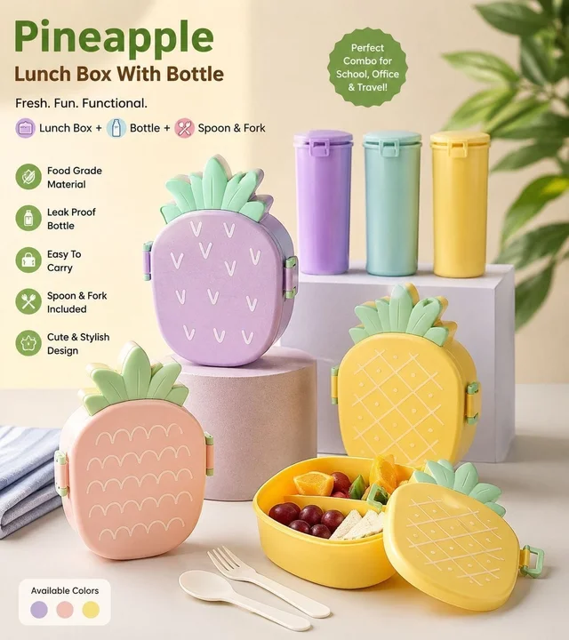 very fast selling Best for kanjak gifting Pineapple plastic lunch box with a sipper combo
