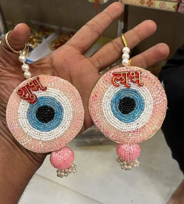 Evil eye shubh labh pair Pink, yellow or blue colour choice possible