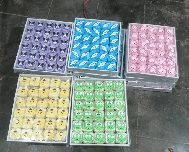 Blue, yellow and purple mini paper soap boxes Mix designs With detachable charm 5 designs available