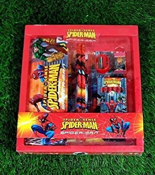 HomeoCulture Cartoon Printed Stationary kit for Kids Boys Girls Includes 1 Metal Pencil Box , 2 Pencils, 1 Eraser , 1 Crayon Set , 1 Scale and 1 Sharpener ( Mix Designs ) (Pack of 1 Set Boys )