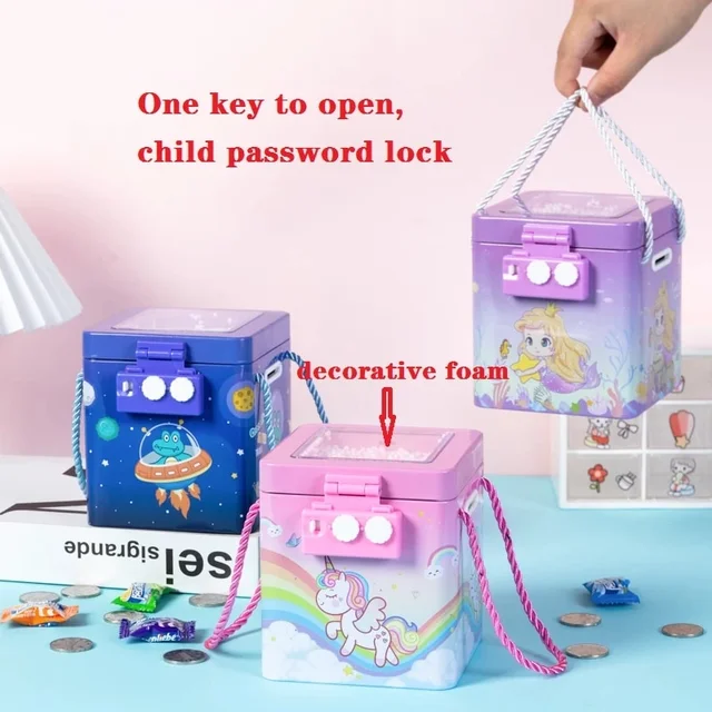 Homeoculture New Cute Unicorn Tinplate Hand Rope Square Password Lock Piggy Bank Children's Cartoon Mermaid Savings Change Coins Money Box - 0.5