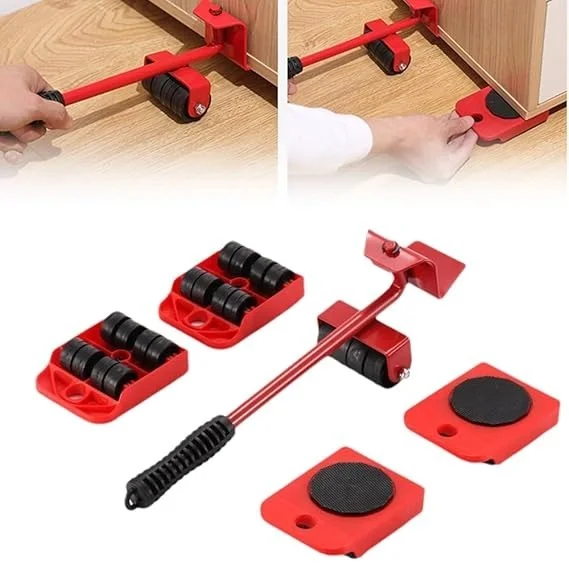 Furniture Lift Mover Tool Set with Adjustable Height Lifting Tool Lever & 4 Wheels, Red, 220 Lbs Capacity, Alloy Steel, Adjustable Lever with Wheels, Furniture Mover