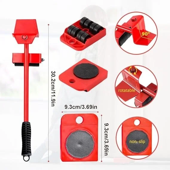 Furniture Lift Mover Tool Set with Adjustable Height Lifting Tool Lever & 4 Wheels, Red, 220 Lbs Capacity, Alloy Steel, Adjustable Lever with Wheels, Furniture Mover