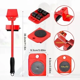 Furniture Lift Mover Tool Set with Adjustable Height Lifting Tool Lever & 4 Wheels, Red, 220 Lbs Capacity, Alloy Steel, Adjustable Lever with Wheels, Furniture Mover