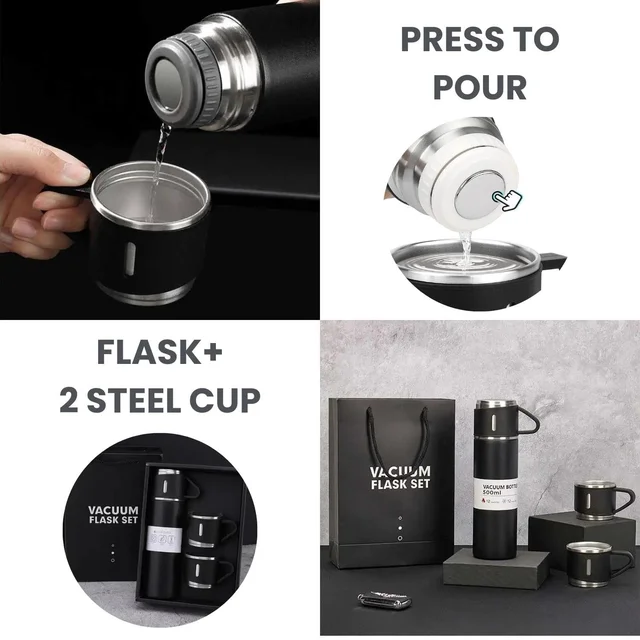 Stainless Steel Vacuum Flask Gift Set with 2 Cups