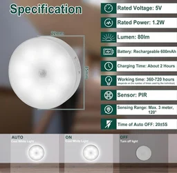 Motion Sensor Light for Home, USB Rechargeable Wireless LED Night Light, Self Adhesive Body Induction Lamp for Wardrobe, Cupboard