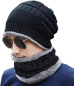 Winter Knit Beanie Woolen Cap Hat and Neck Warmer Scarf Set for Men & Women Black Colour