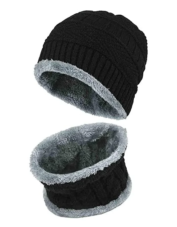 Winter Knit Beanie Woolen Cap Hat and Neck Warmer Scarf Set for Men & Women Black Colour