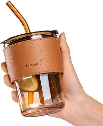 Glass Sipper Tumbler Mug with Straw and Lid Ice Juice Drinks Mug with Straw for Milk/Coffee/Green Tea Transparent Glass Cup