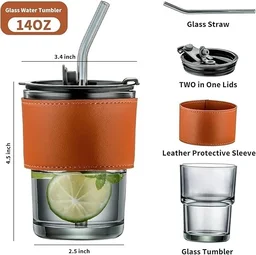 Glass Sipper Tumbler Mug with Straw and Lid Ice Juice Drinks Mug with Straw for Milk/Coffee/Green Tea Transparent Glass Cup