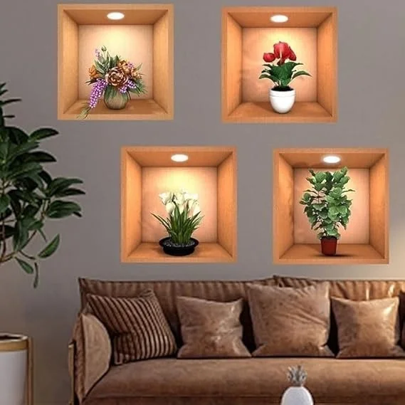 3D Beautiful Decal Flower Pot Design Decorative Wall Sticker 30Cm X 30Cm for Home Living Room Bedroom Waterproof Multi Colour (4 pcs)
