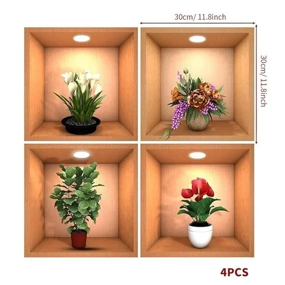 3D Beautiful Decal Flower Pot Design Decorative Wall Sticker 30Cm X 30Cm for Home Living Room Bedroom Waterproof Multi Colour (4 pcs)