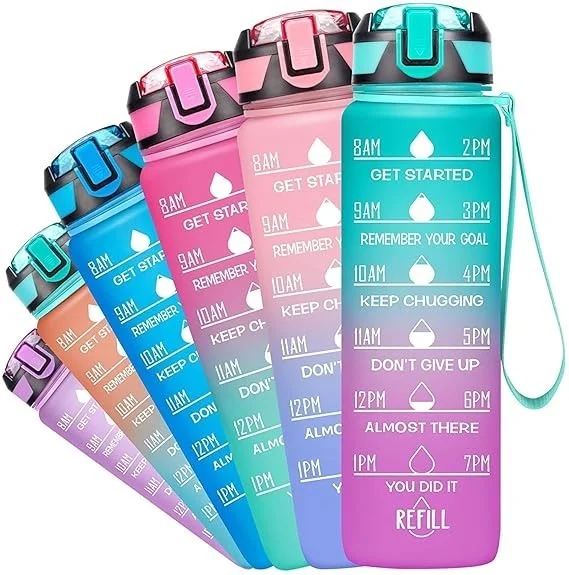 Non-Toxic Unbreakable plastic leak proof water bottle with timing marking to drink 1000 ml portable Transparent drinking water bottle with straw slide open lid(multi/1pcs)