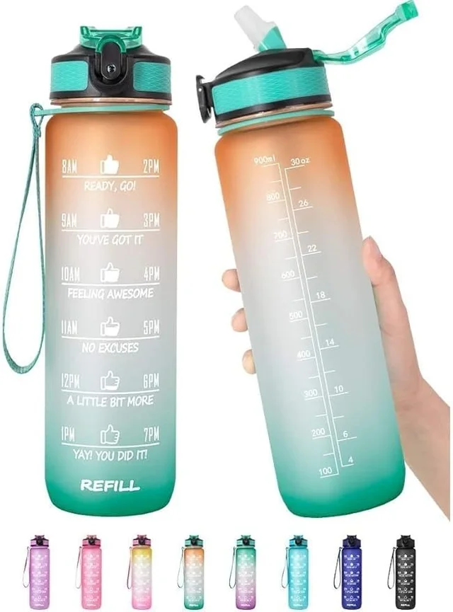 Non-Toxic Unbreakable plastic leak proof water bottle with timing marking to drink 1000 ml portable Transparent drinking water bottle with straw slide open lid(multi/1pcs)