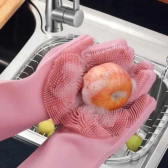 Magic Silicone Dish Washing Hand Gloves for Cleaning, Kitchen, Car, Bathroom and Pet Grooming - Pack of 1 Pair