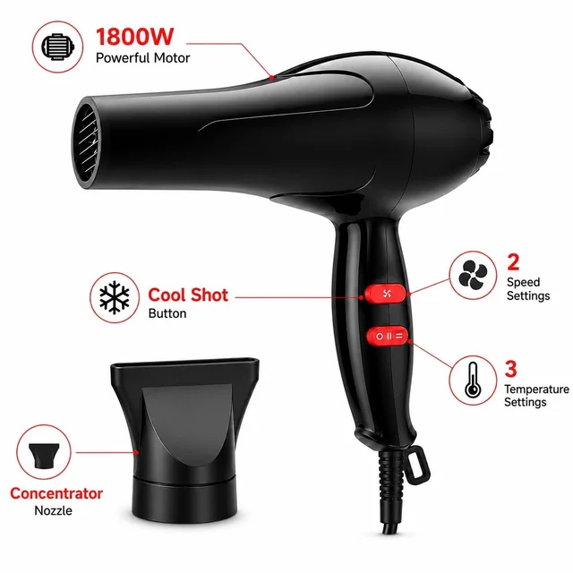 Hair Dryer 1800W Powerful Hot & Cold Air Blow Dryer for Women & Men