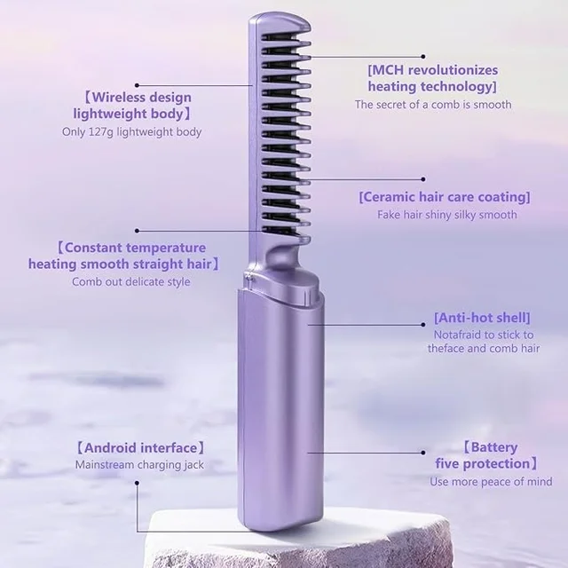 Rechargeable Hair Straightener Brush | Cordless Styling Comb for Women