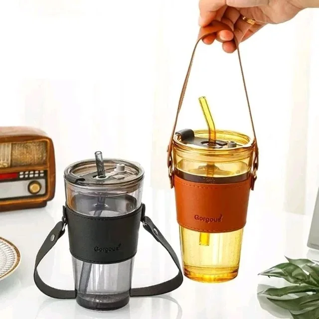 Glass Cup Coffe Long With Cover & Straw