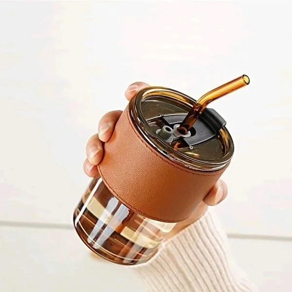 Glass Coffe Cup With Straw & Cover 