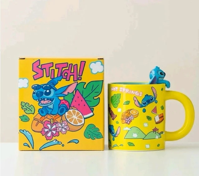 KV3096-T18 Stitch Hot Springs Ceramic Mug - Colorful Cartoon Coffee Cup