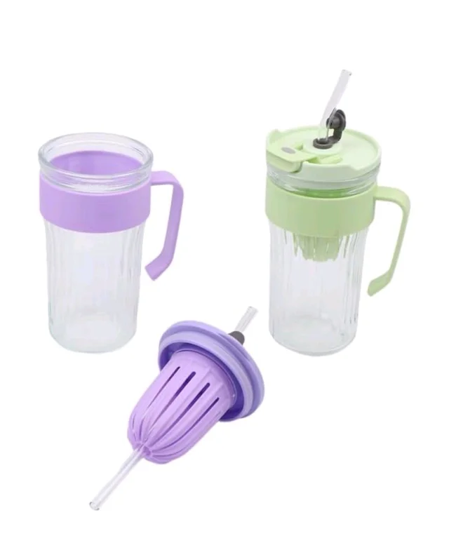 Glass Cup With Straw & Handle For Juice, Home, Travelling 580ml