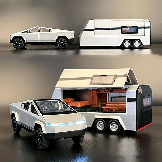 Sky Tech Tesla Cyber Truck Pickup Trailer RV with Motorcycle 1:32 Model Car Alloy Metal Pull Back Die-cast Car Metal Toy car Openable Doors & Light Music Best Gifts Toys Kids [Colors as Per Stock]