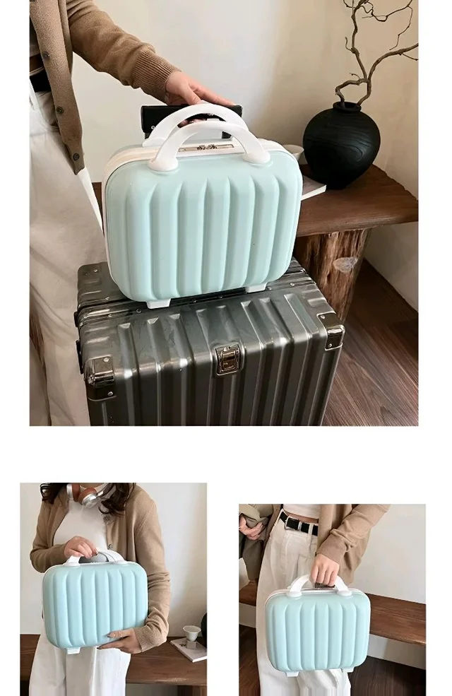 Minimalist Trendy Korean Fashion Womens Mini Trolley Suitcase Makeup Cosmetic Organizer Box Trolley Handle
Strap Portable Handbag for Travel Fiber Material Lightweight Luggage Storage case 