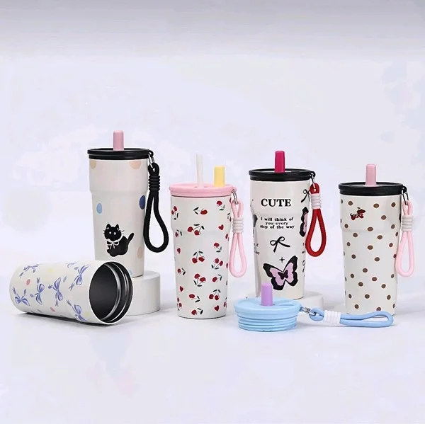 Cute Cartoon Straw Cup With Carrying Strap