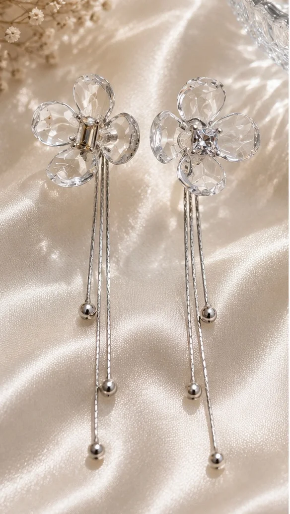 Diamond Flower Long Earring 