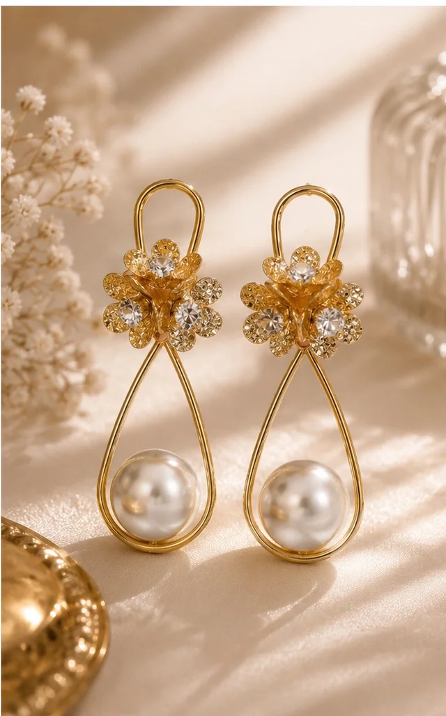 Cross With Attached Flower And Pearl Earring