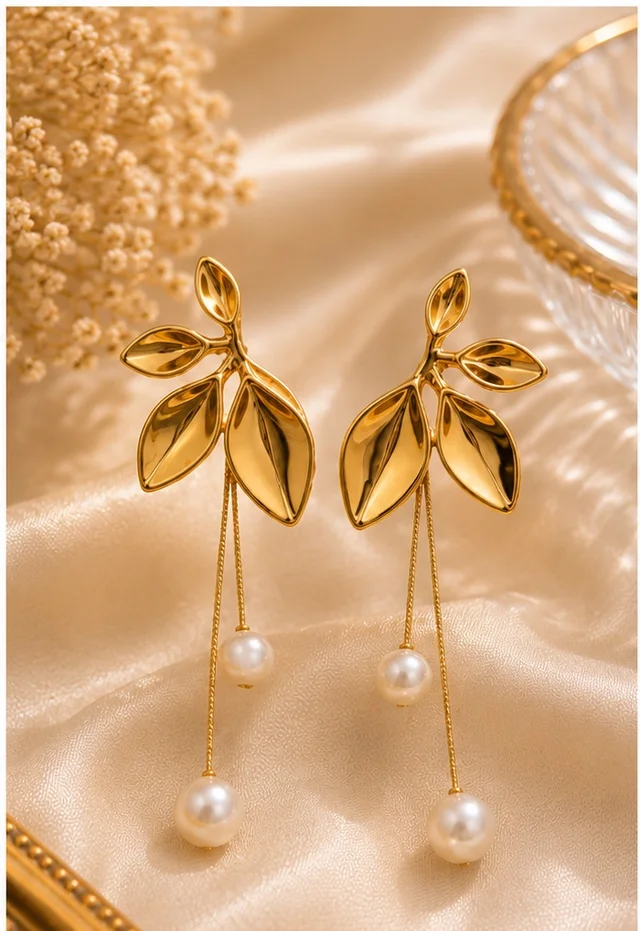 Leaf With Attached Pearl Earrings 