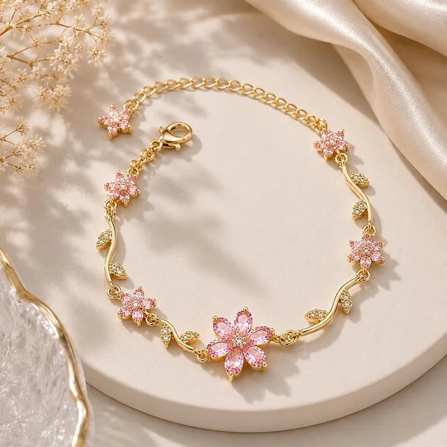 Flower Bracelet Anti Tarnish ( Light Pink ) 