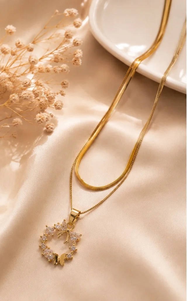 Double Chain Bow With Diamond Necklace ( Anti Tarnish ) 