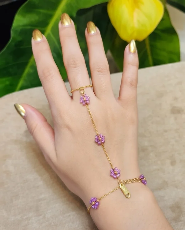 Hand Ring Chain Purple Flowers 