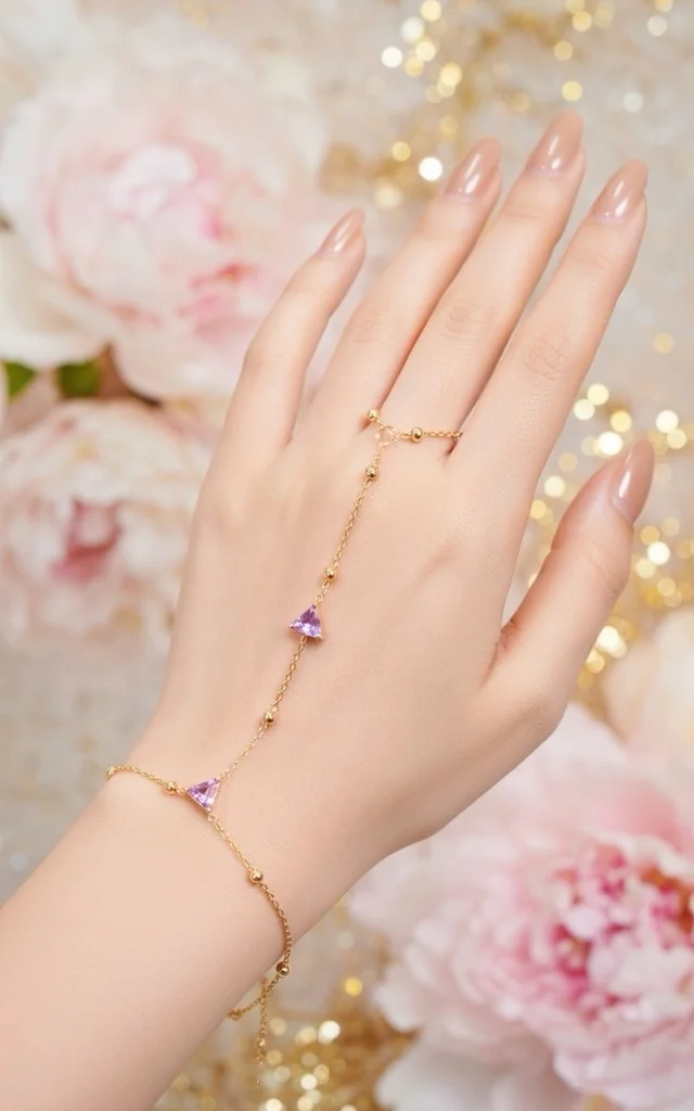 Ring  Hand Chain With Mini Purple Triangles 